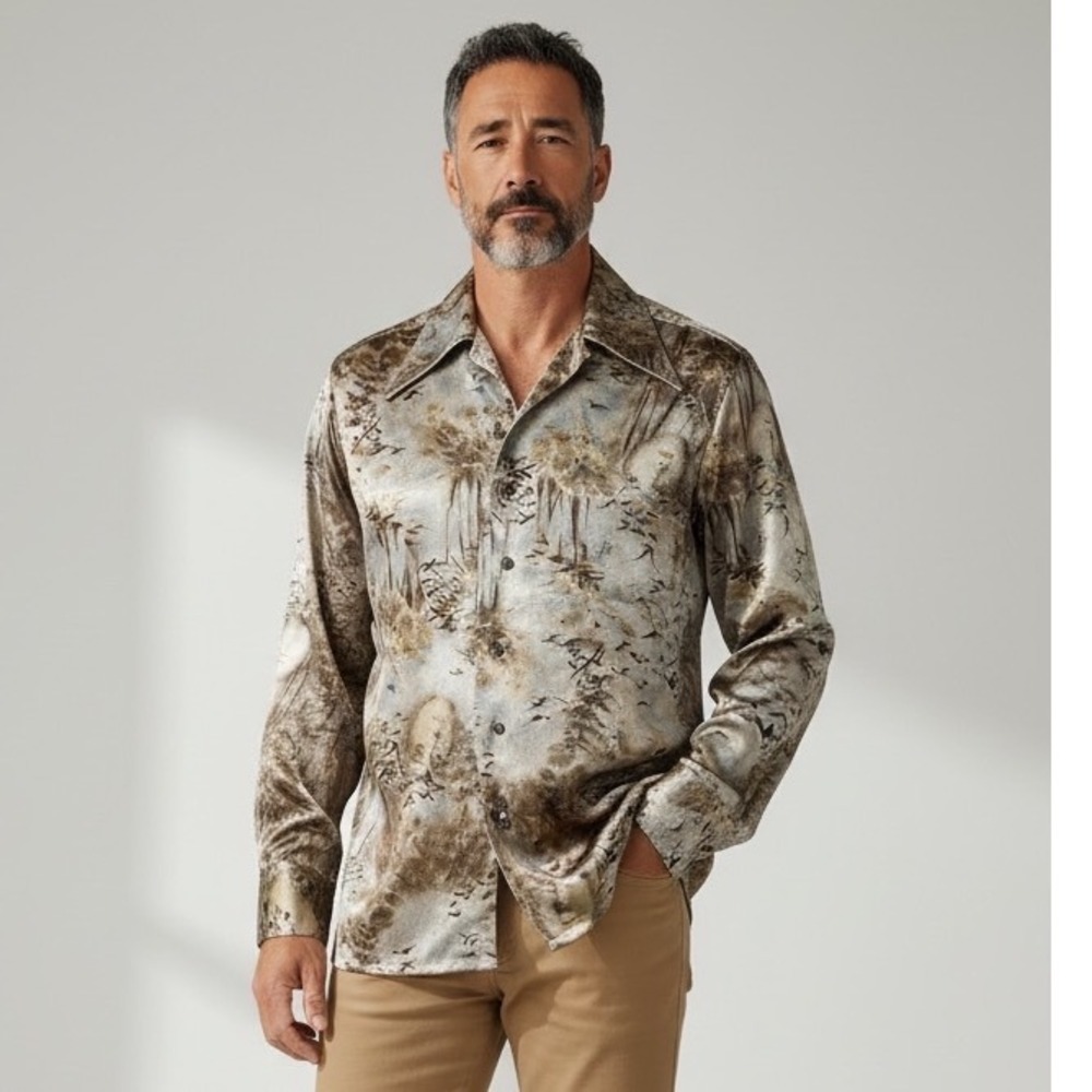 Vintage Van Heusen Van Mens Psychedelic Disco Shirt Brown Faces Print M 15-15.5
